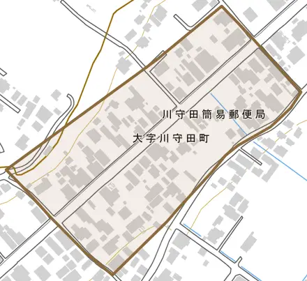大字川守田町とその周辺の地図。町の範囲を重ねている