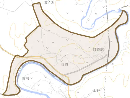 大字目時とその周辺の地図。町の範囲を重ねている
