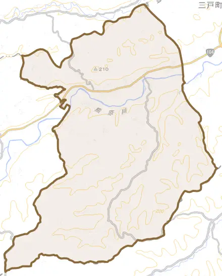 大字斗内とその周辺の地図。町の範囲を重ねている