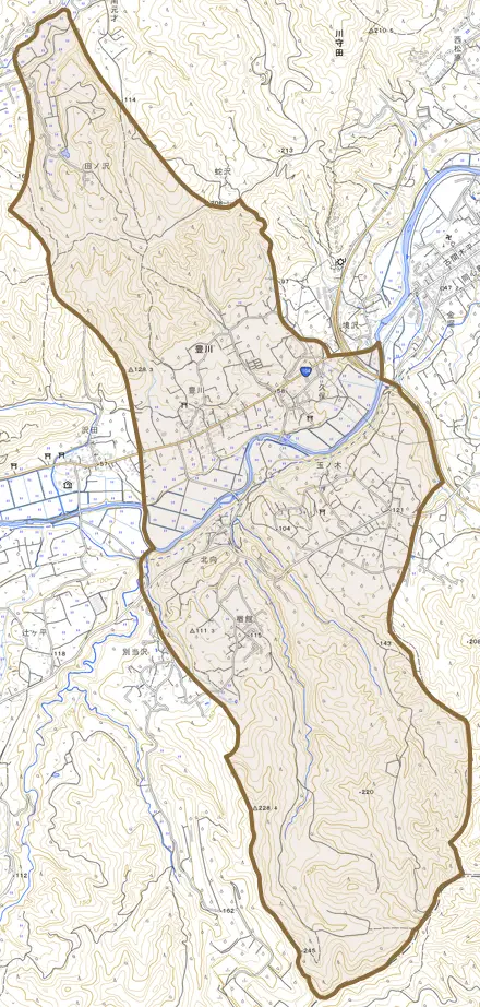大字豊川とその周辺の地図。町の範囲を重ねている