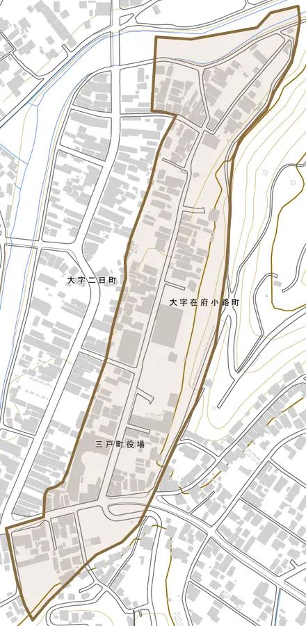 大字在府小路町とその周辺の地図。町の範囲を重ねている