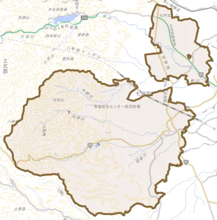 字宇道坂とその周辺の地図。町の範囲を重ねている