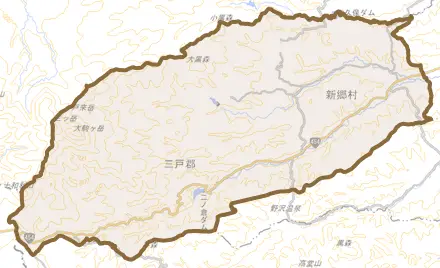 大字戸来とその周辺の地図。町の範囲を重ねている