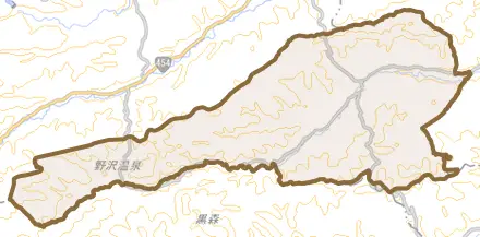 大字西越とその周辺の地図。町の範囲を重ねている