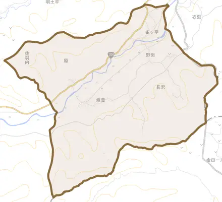 大字原とその周辺の地図。町の範囲を重ねている
