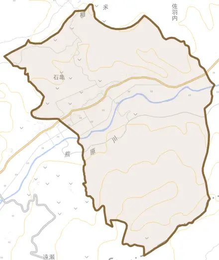 大字石亀とその周辺の地図。町の範囲を重ねている