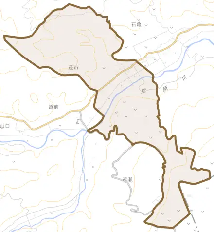 大字茂市とその周辺の地図。町の範囲を重ねている