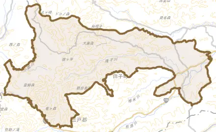 大字田子とその周辺の地図。町の範囲を重ねている