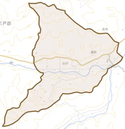 大字山口とその周辺の地図。町の範囲を重ねている