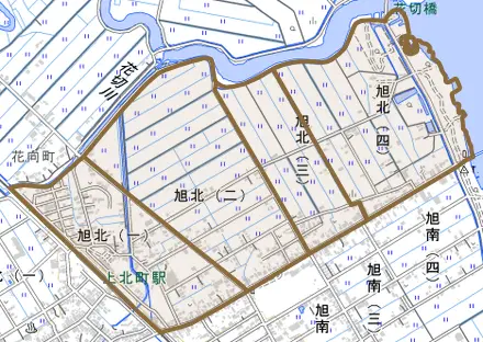 旭北とその周辺の地図。町の範囲を重ねている