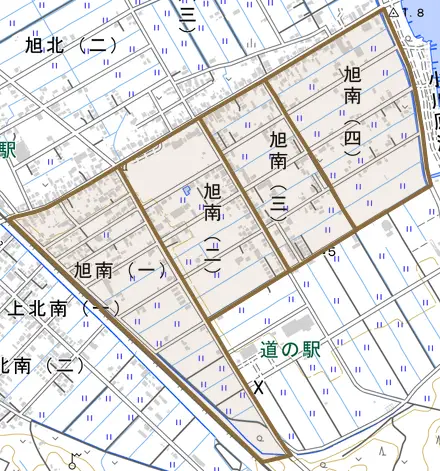 旭南とその周辺の地図。町の範囲を重ねている