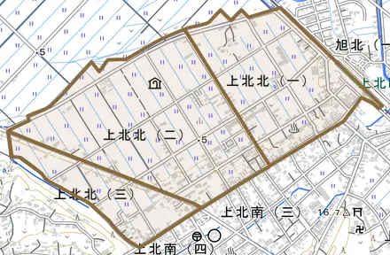 上北北とその周辺の地図。町の範囲を重ねている