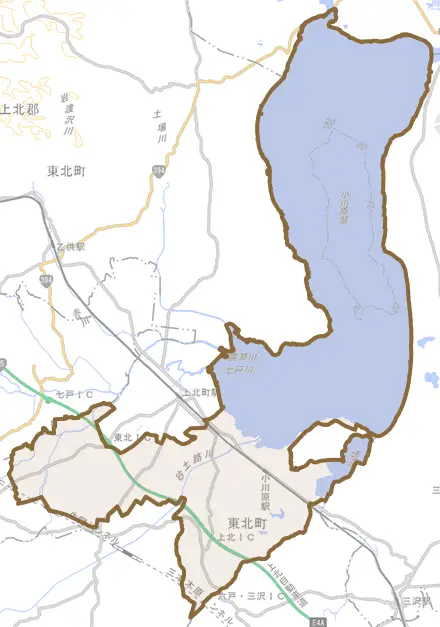 大字大浦とその周辺の地図。町の範囲を重ねている