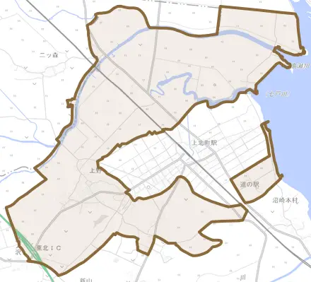 大字上野とその周辺の地図。町の範囲を重ねている