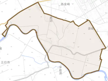 大字赤沼とその周辺の地図。町の範囲を重ねている
