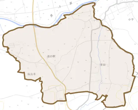大字伝法寺とその周辺の地図。町の範囲を重ねている