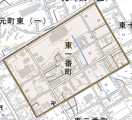 東一番町とその周辺の地図。町の範囲を重ねている