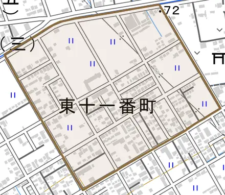 東十一番町とその周辺の地図。町の範囲を重ねている