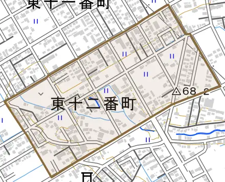 東十二番町とその周辺の地図。町の範囲を重ねている