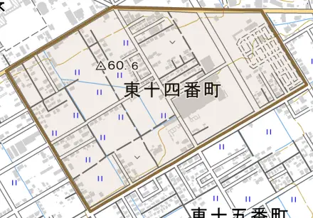 東十四番町とその周辺の地図。町の範囲を重ねている