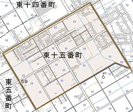 東十五番町とその周辺の地図。町の範囲を重ねている