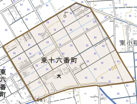 東十六番町とその周辺の地図。町の範囲を重ねている