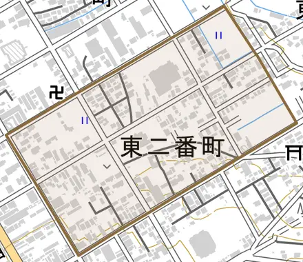 東二番町とその周辺の地図。町の範囲を重ねている