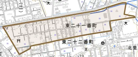 東二十一番町とその周辺の地図。町の範囲を重ねている