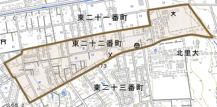 東二十二番町とその周辺の地図。町の範囲を重ねている