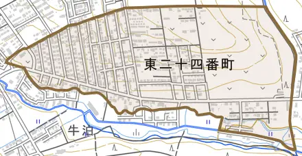 東二十四番町とその周辺の地図。町の範囲を重ねている