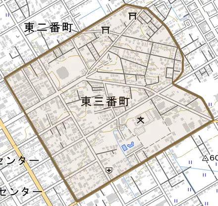 東三番町とその周辺の地図。町の範囲を重ねている
