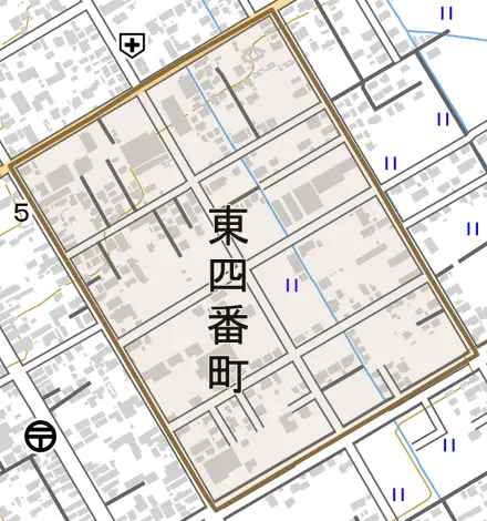東四番町とその周辺の地図。町の範囲を重ねている