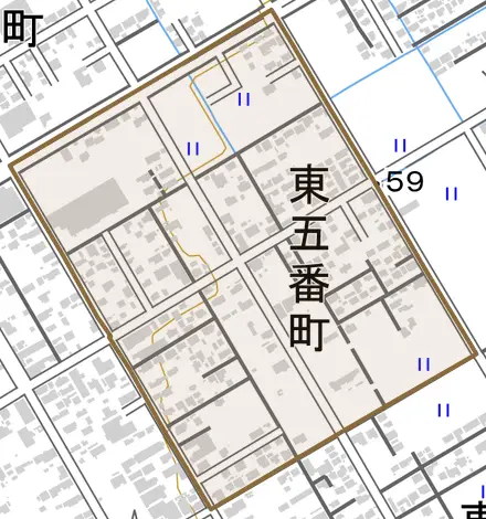 東五番町とその周辺の地図。町の範囲を重ねている