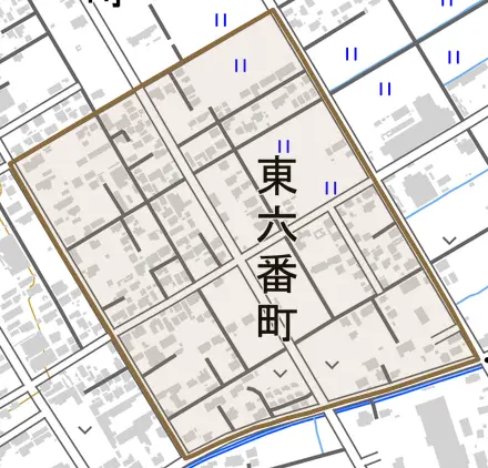 東六番町とその周辺の地図。町の範囲を重ねている
