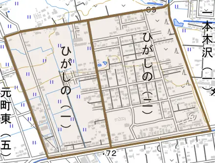 ひがしのとその周辺の地図。町の範囲を重ねている
