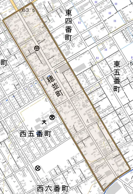 穂並町とその周辺の地図。町の範囲を重ねている