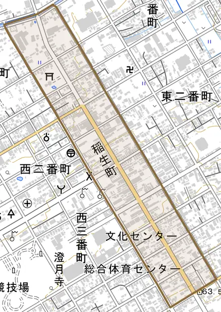 稲生町とその周辺の地図。町の範囲を重ねている