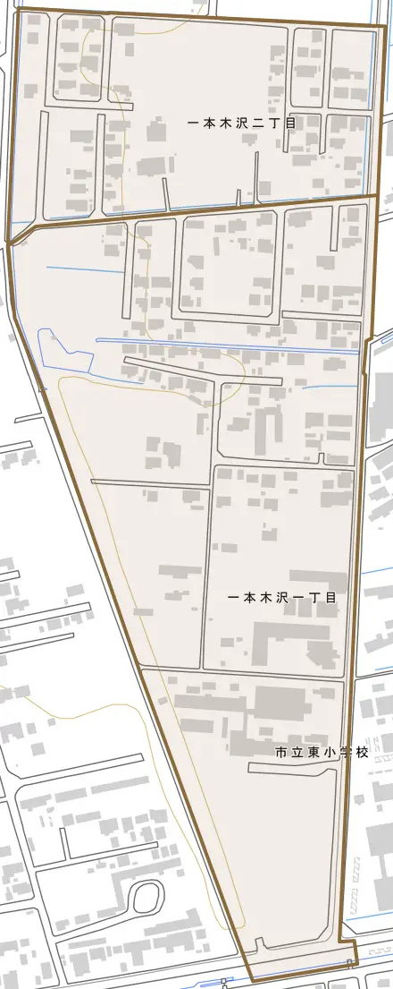 一本木沢とその周辺の地図。町の範囲を重ねている