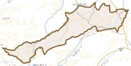大字米田とその周辺の地図。町の範囲を重ねている