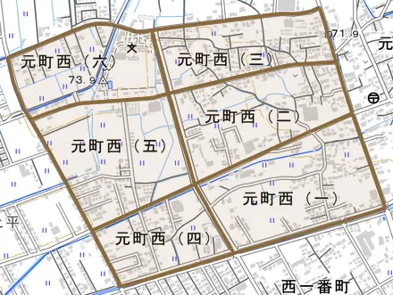 元町西とその周辺の地図。町の範囲を重ねている