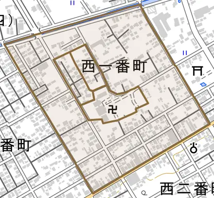 西一番町とその周辺の地図。町の範囲を重ねている