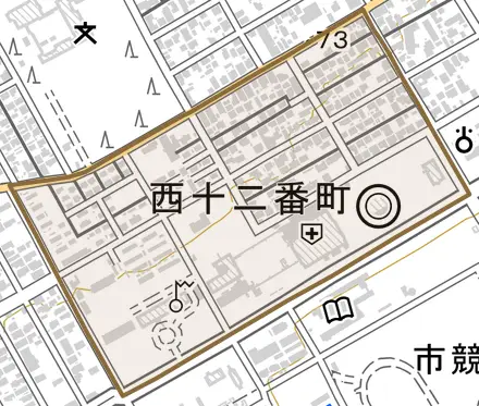 西十二番町とその周辺の地図。町の範囲を重ねている