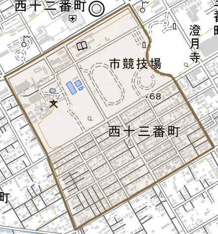 西十三番町とその周辺の地図。町の範囲を重ねている