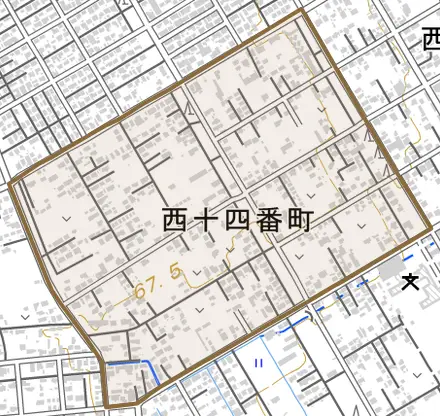 西十四番町とその周辺の地図。町の範囲を重ねている