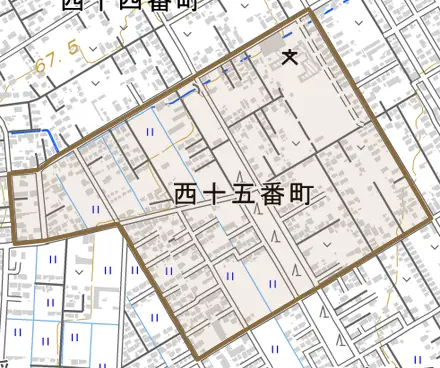 西十五番町とその周辺の地図。町の範囲を重ねている