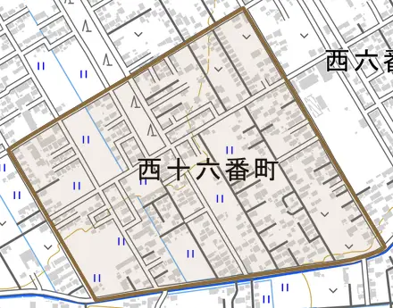 西十六番町とその周辺の地図。町の範囲を重ねている
