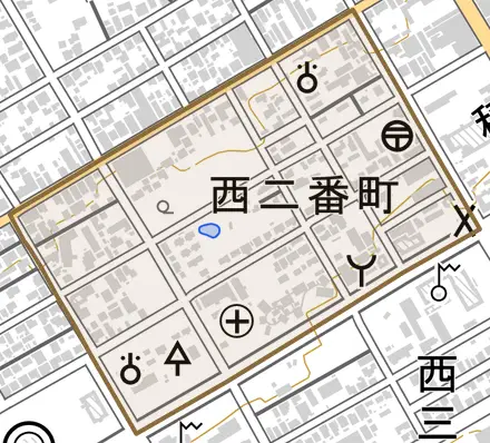 西二番町とその周辺の地図。町の範囲を重ねている