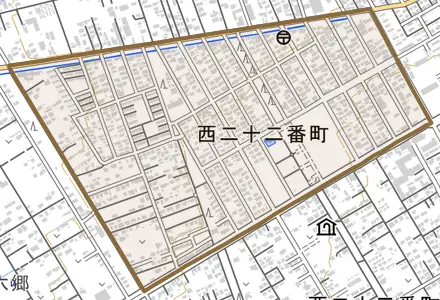 西二十二番町とその周辺の地図。町の範囲を重ねている