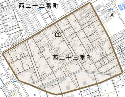 西二十三番町とその周辺の地図。町の範囲を重ねている