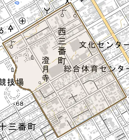 西三番町とその周辺の地図。町の範囲を重ねている